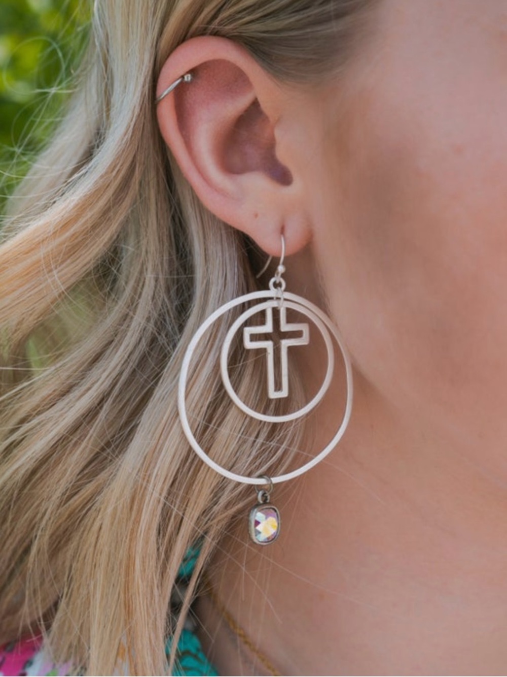 Panache Silver Double Hoop Cross Drop Earrings